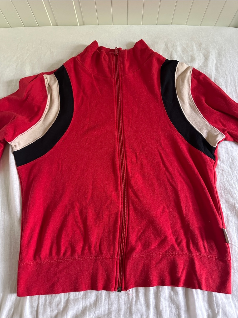 Red Zip-Front Bomber Jacket with Black and Cream Accents